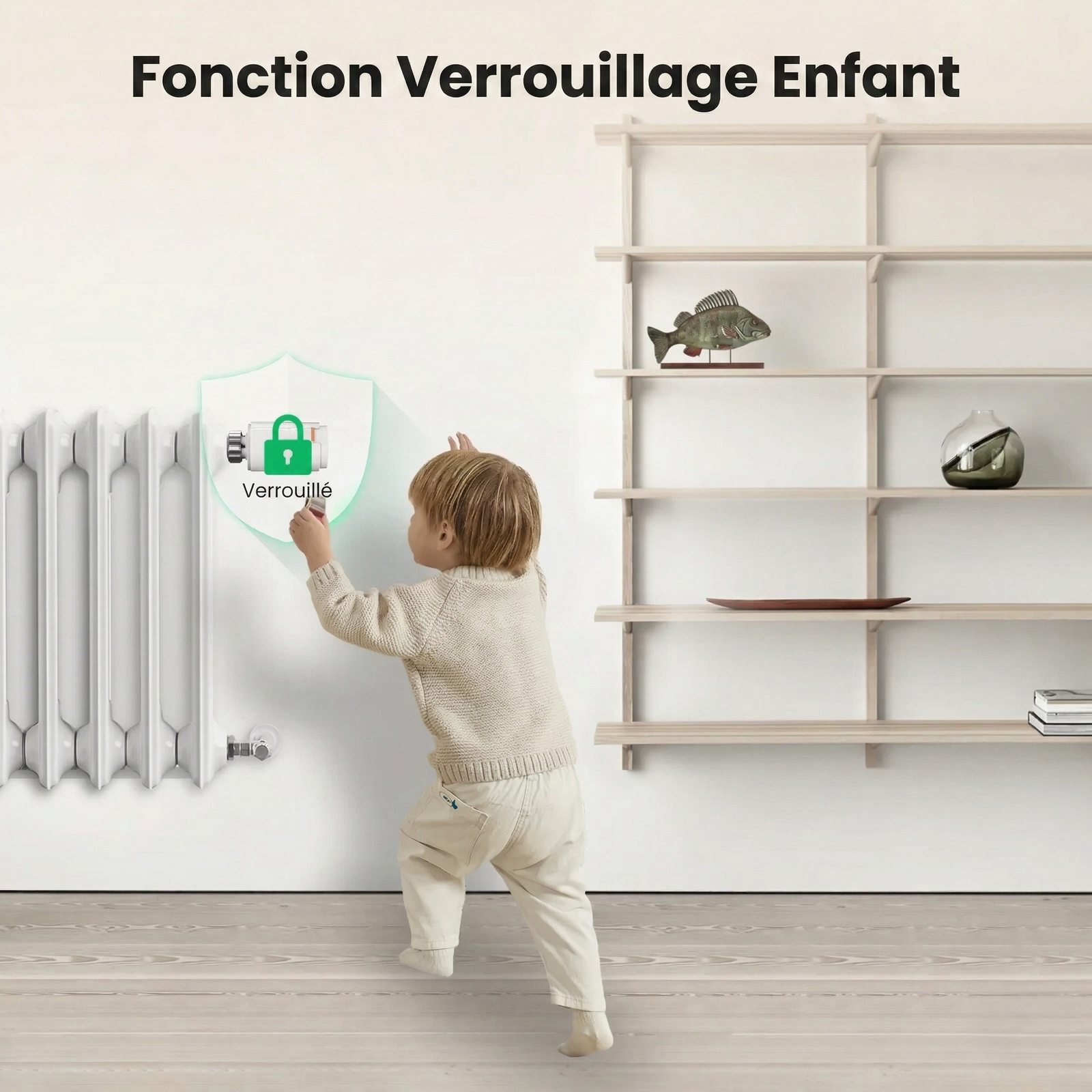 Infographie NéoGraph Comfort montrant le verrouillage enfant sur une vanne thermostatique installée près d’un radiateur.