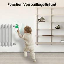 Infographie NéoGraph Comfort montrant le verrouillage enfant sur une vanne thermostatique installée près d’un radiateur.