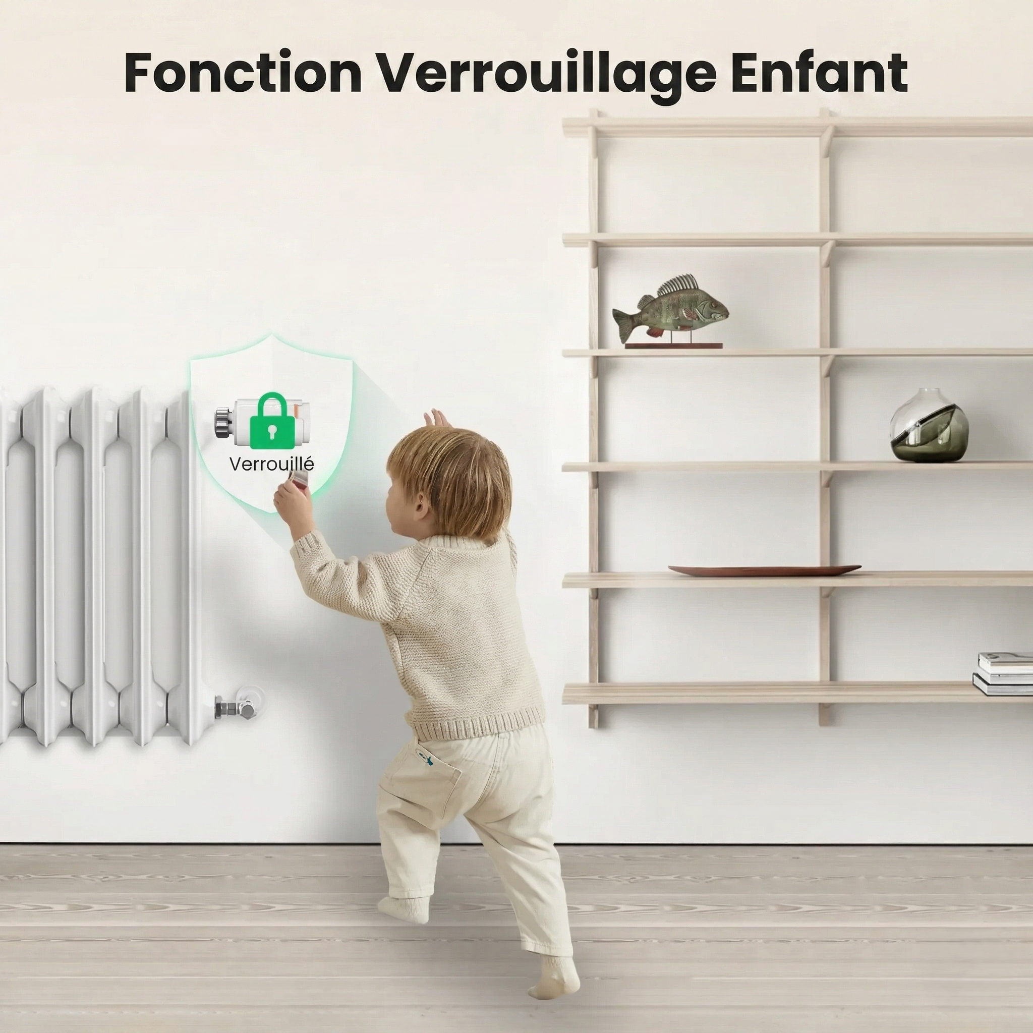 Infographie NéoGraph Comfort montrant le verrouillage enfant sur une vanne thermostatique installée près d’un radiateur.