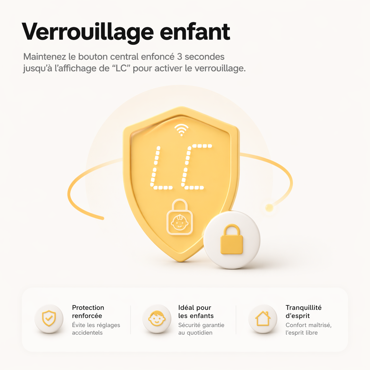 Infographie NéoForce Comfort montrant le verrouillage enfant pour sécuriser les réglages de la vanne thermostatique.