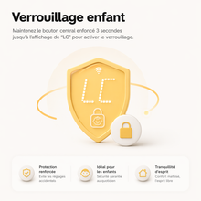 Infographie NéoForce Comfort montrant le verrouillage enfant pour sécuriser les réglages de la vanne thermostatique.