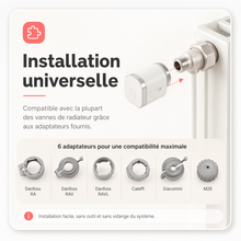 Installation universelle de la tête thermostatique avec adaptateurs radiateur.