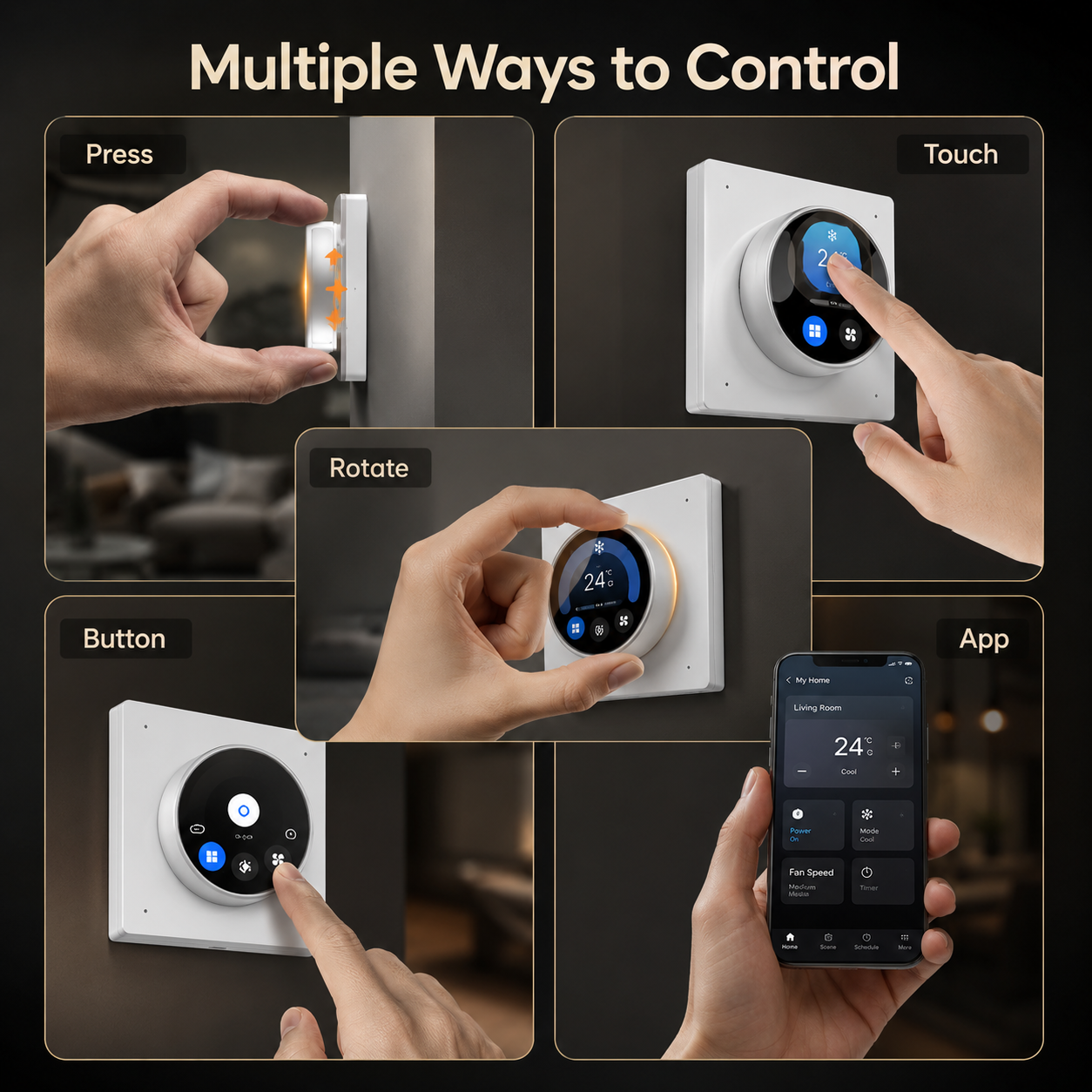 Interactions toucher, rotation et application sur écran de contrôle.