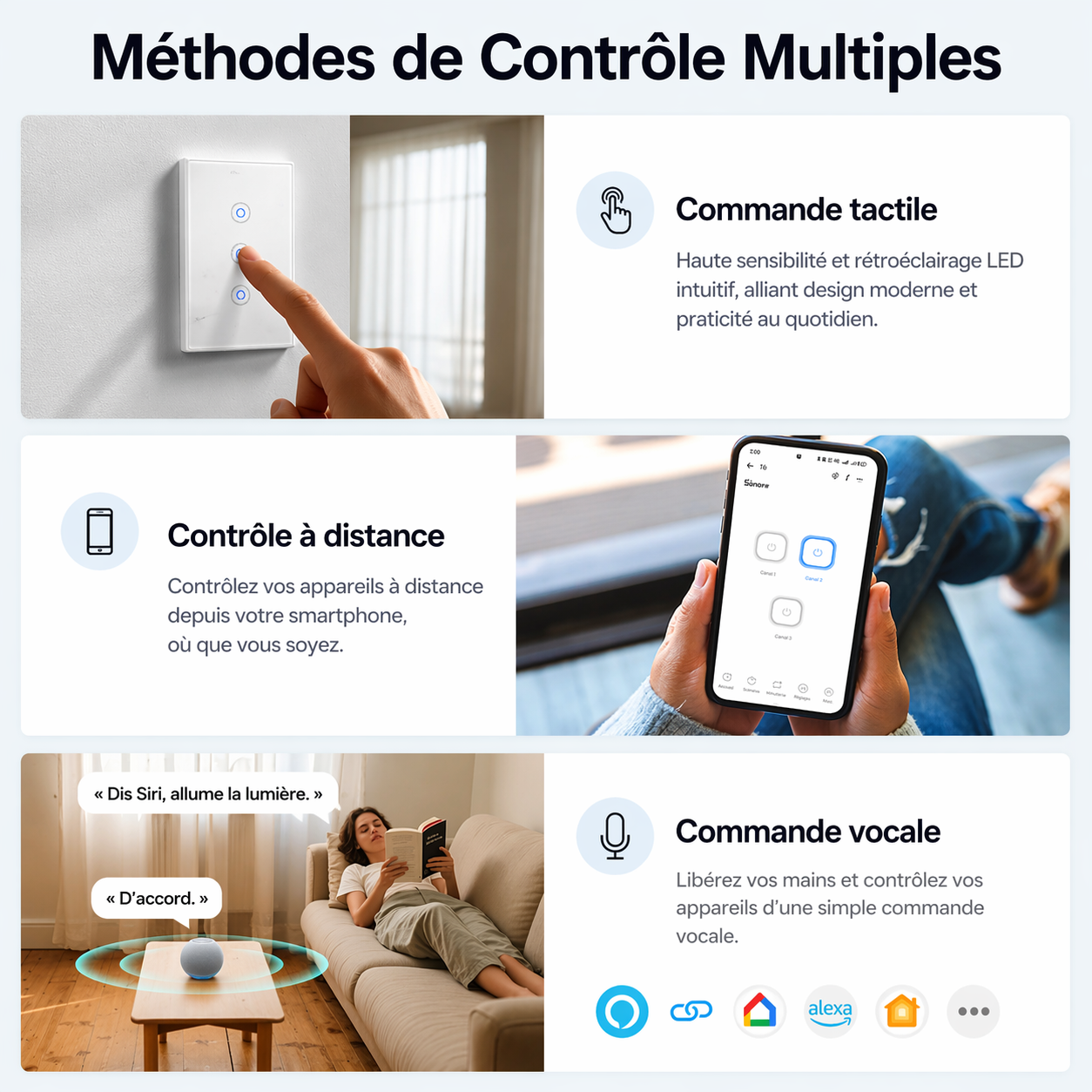 Interrupteur trois boutons controles intelligents