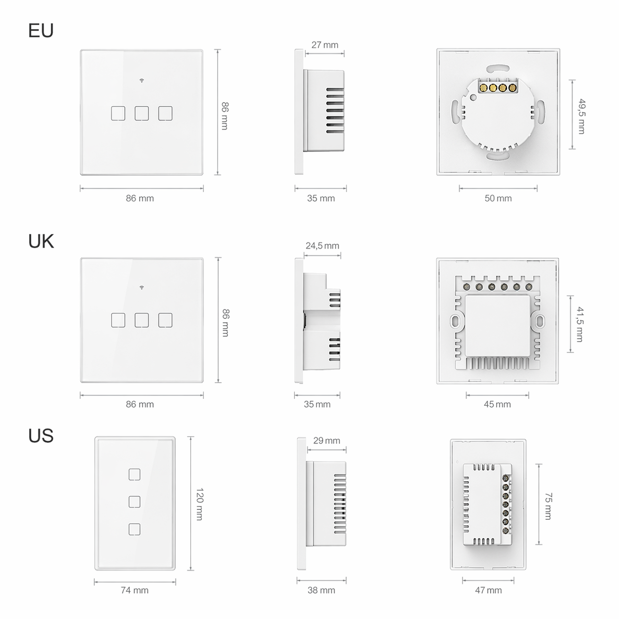 Interrupteur trois boutons dimensions EU UK US