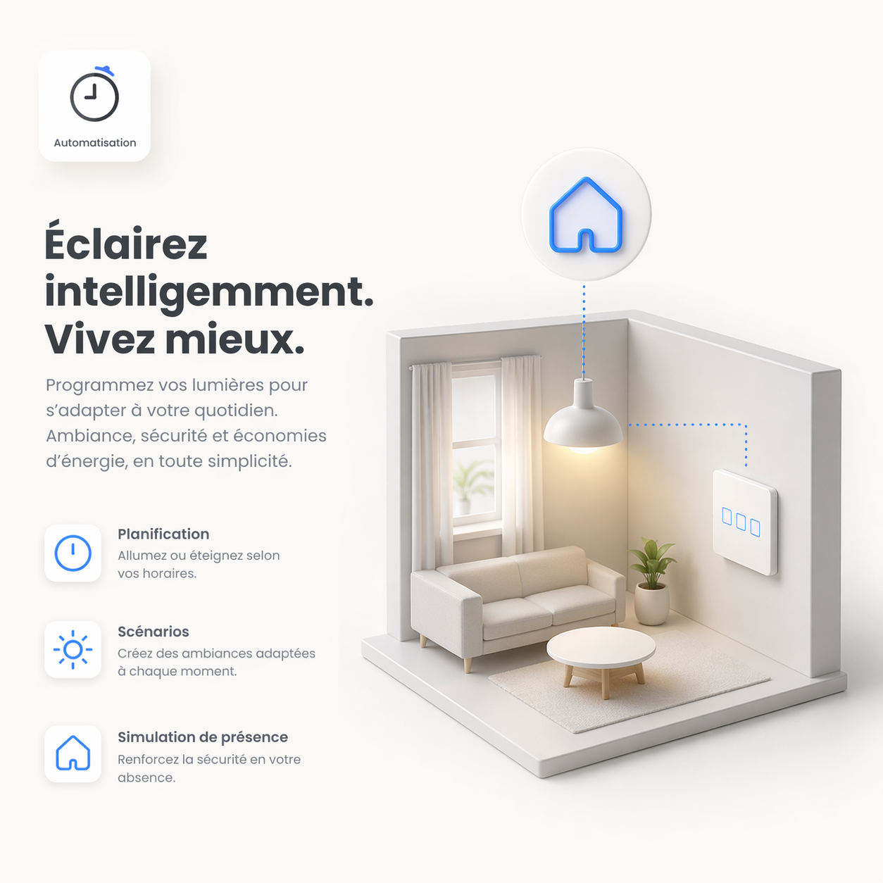 Interrupteur trois boutons eclairage connecte