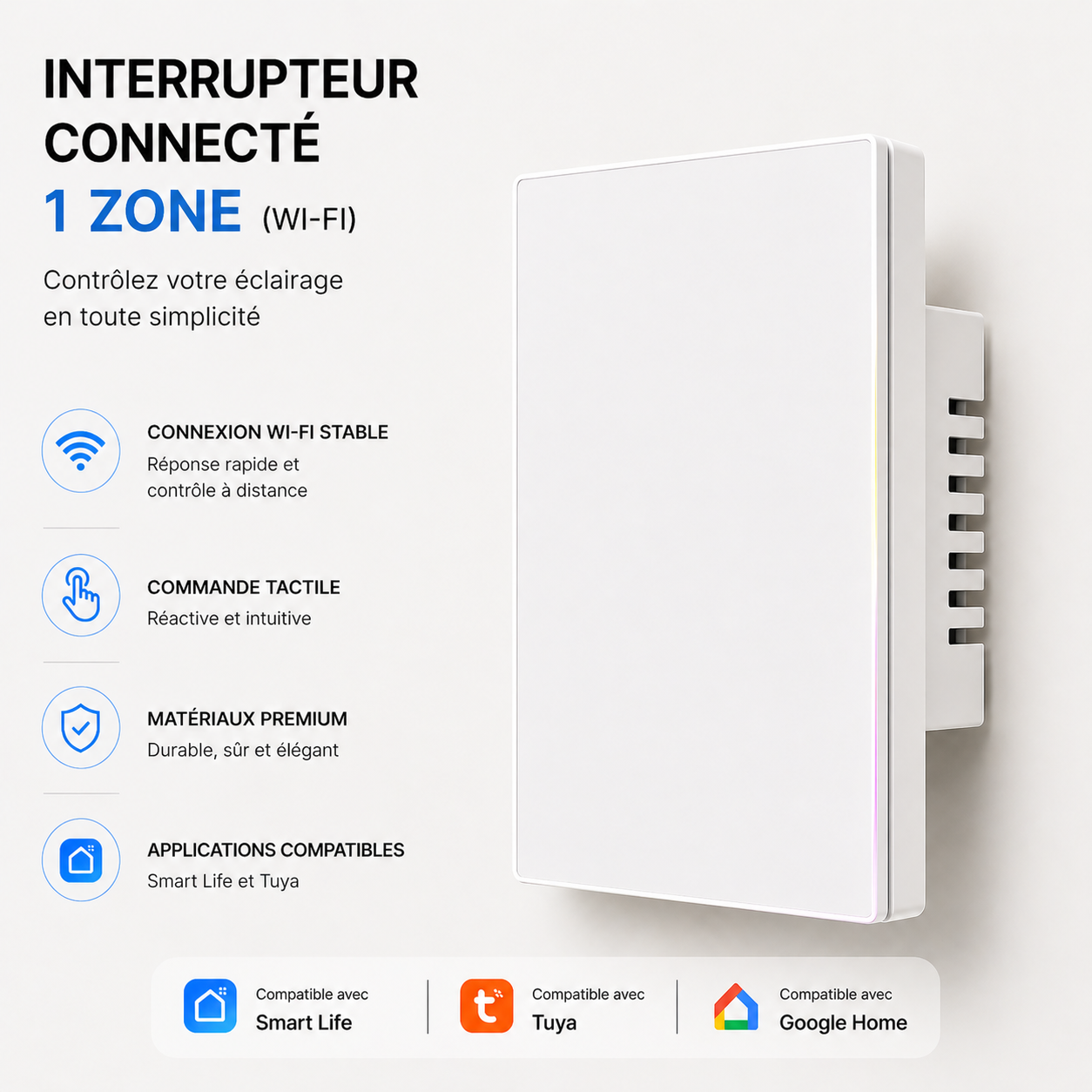 Interrupteur connecté Wi-Fi Blanc Pur à un canal NéoSoft Essential.