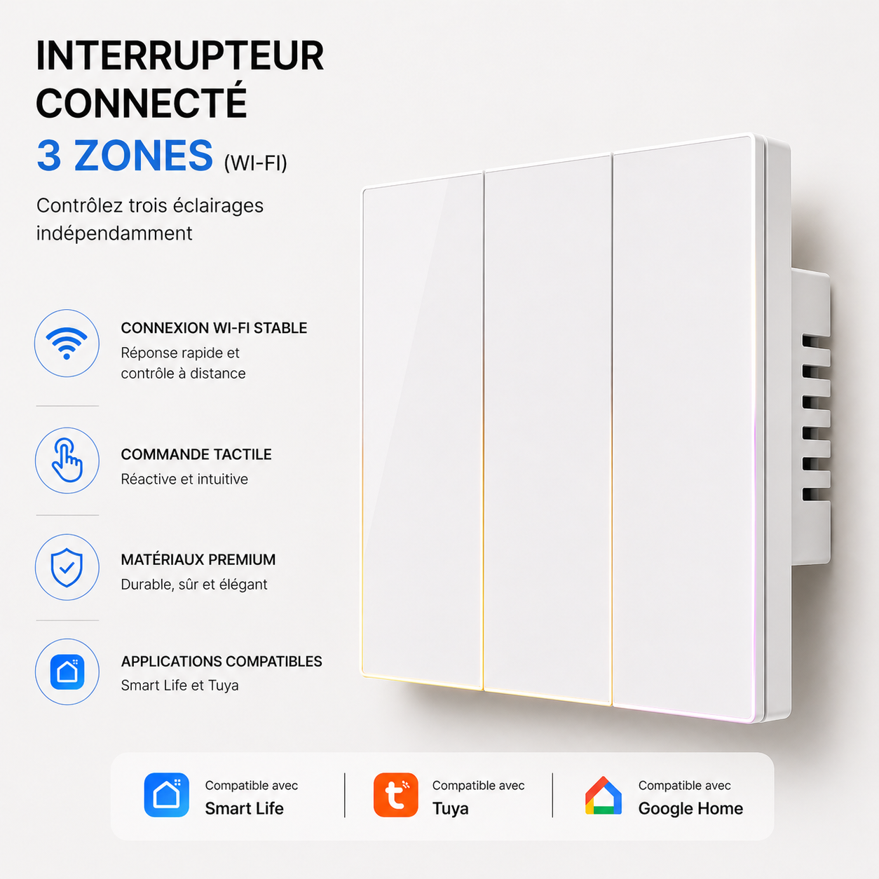 Interrupteur connecté Wi-Fi Blanc Pur à trois canaux NéoSoft Essential.