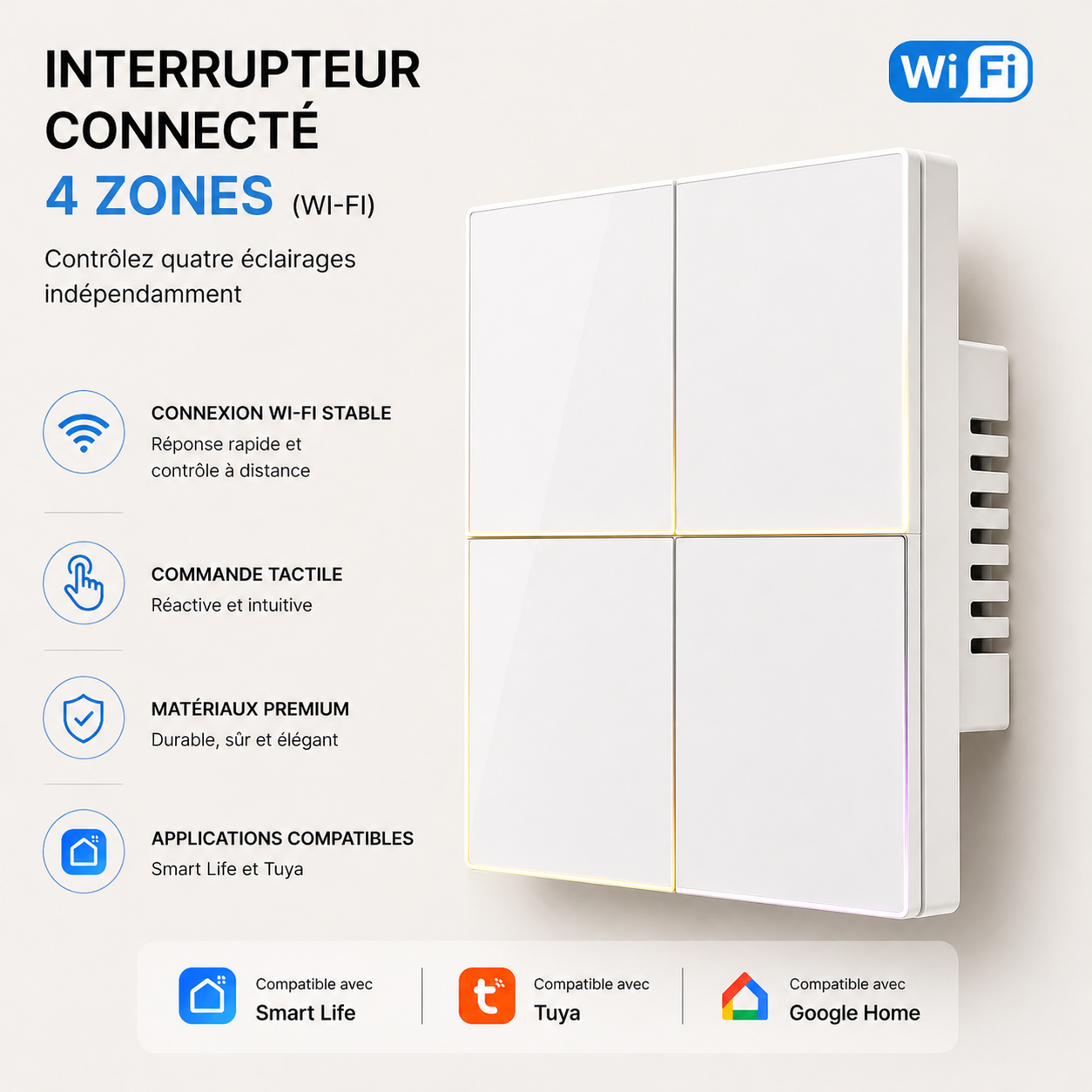 Interrupteur connecté Wi-Fi Blanc Pur à quatre canaux NéoSoft Essential.