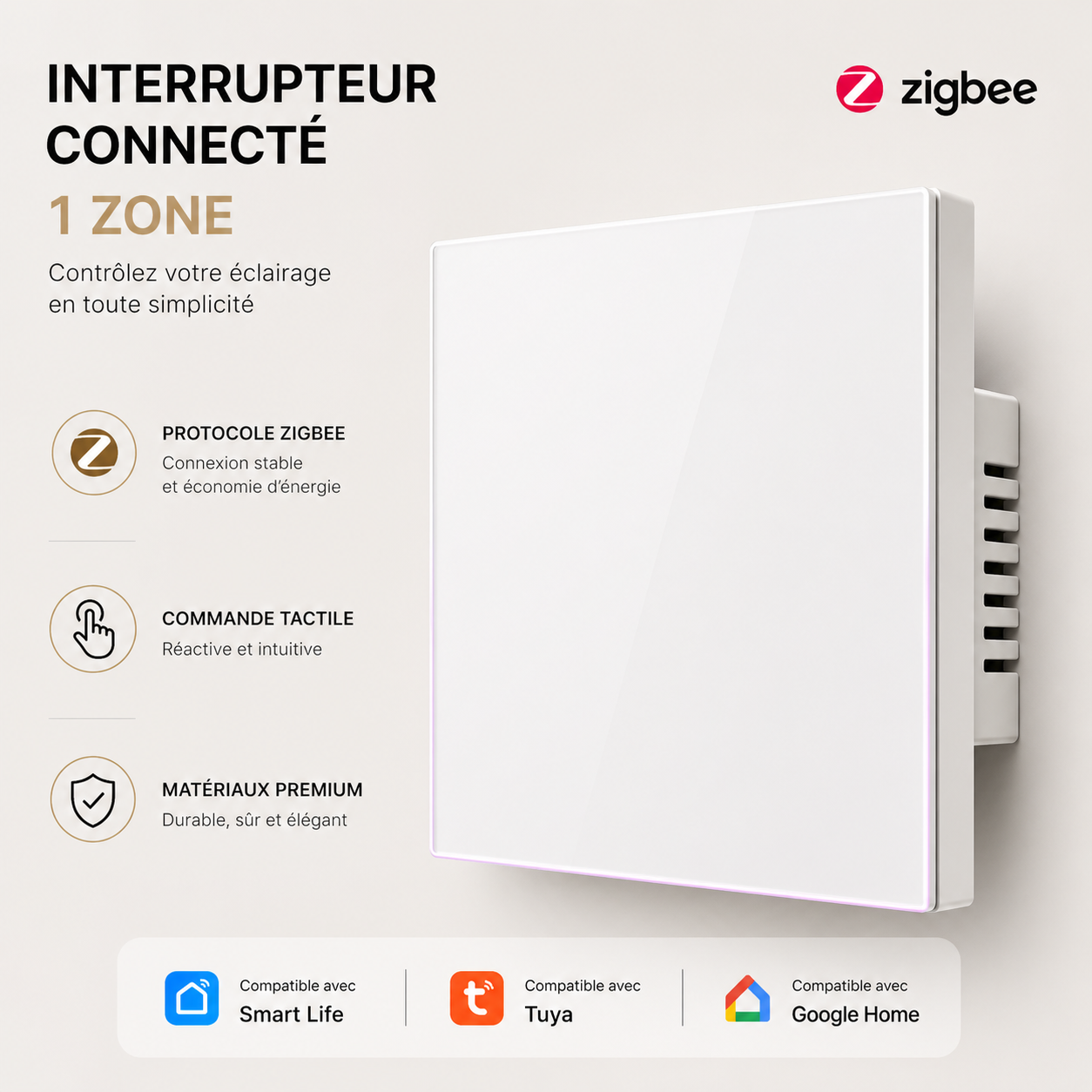 Interrupteur connecté Zigbee Blanc Pur à un canal NéoSoft Essential.