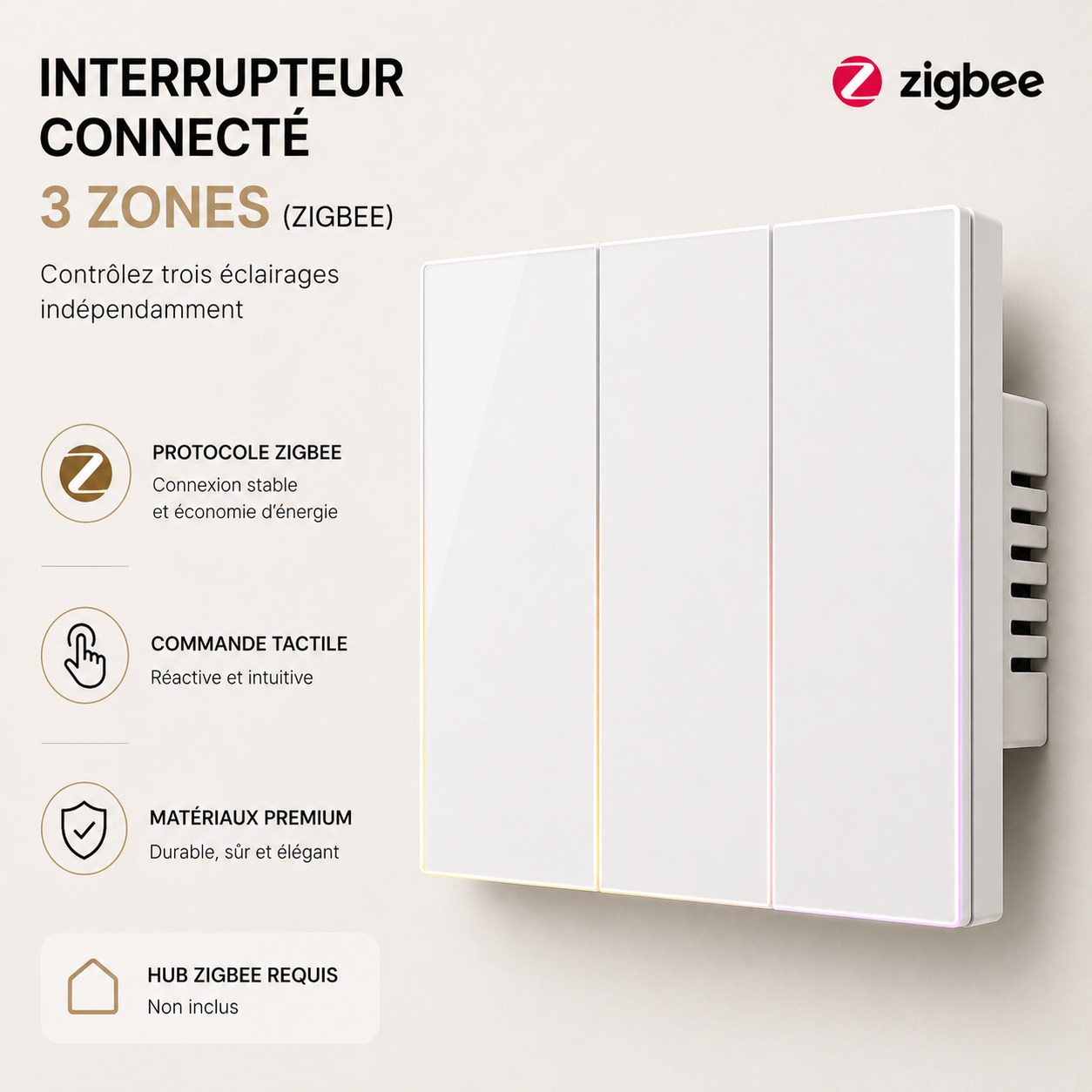 Interrupteur connecté Zigbee Blanc Pur à trois canaux NéoSoft Essential.