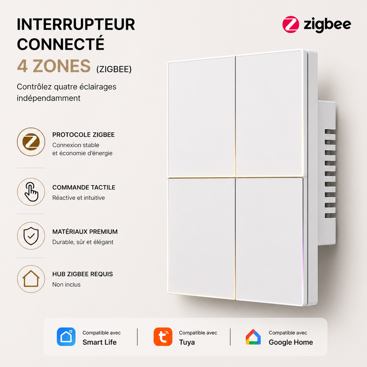 Interrupteur connecté Zigbee Blanc Pur à quatre canaux NéoSoft Essential.