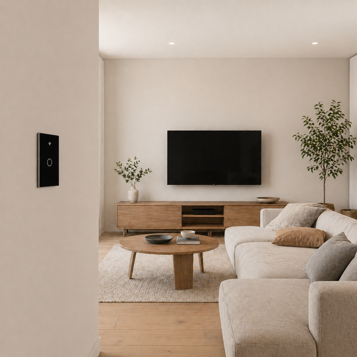 Interrupteur lumiere connecte noir installe dans un salon
