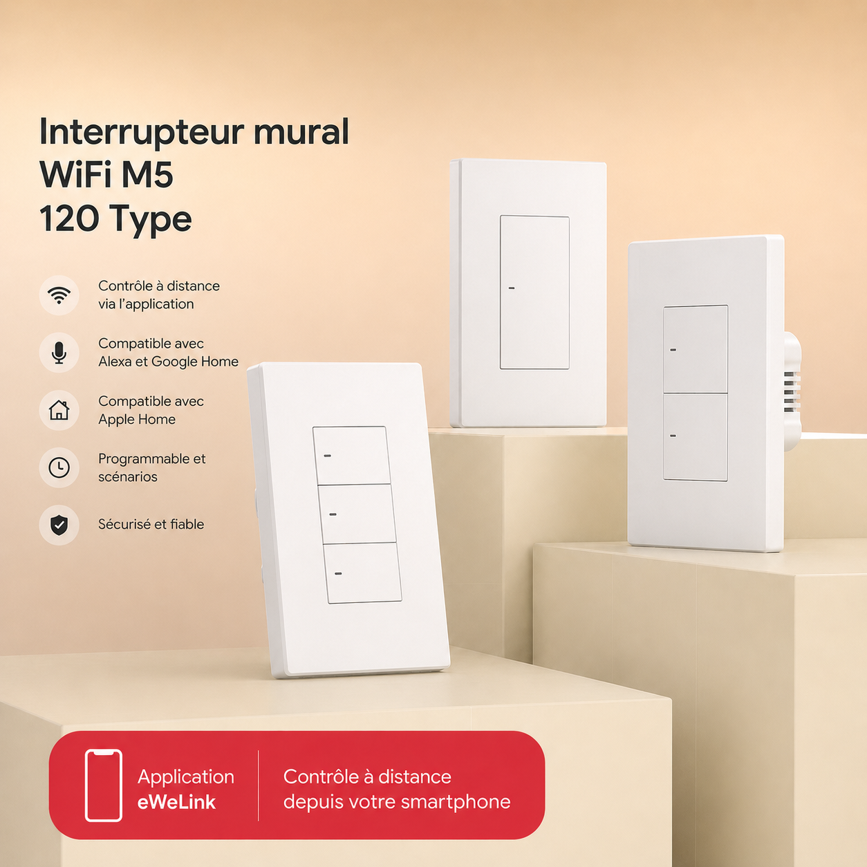Interrupteur mural WiFi M5 Type 120 blanc Neodom avec controle mobile.