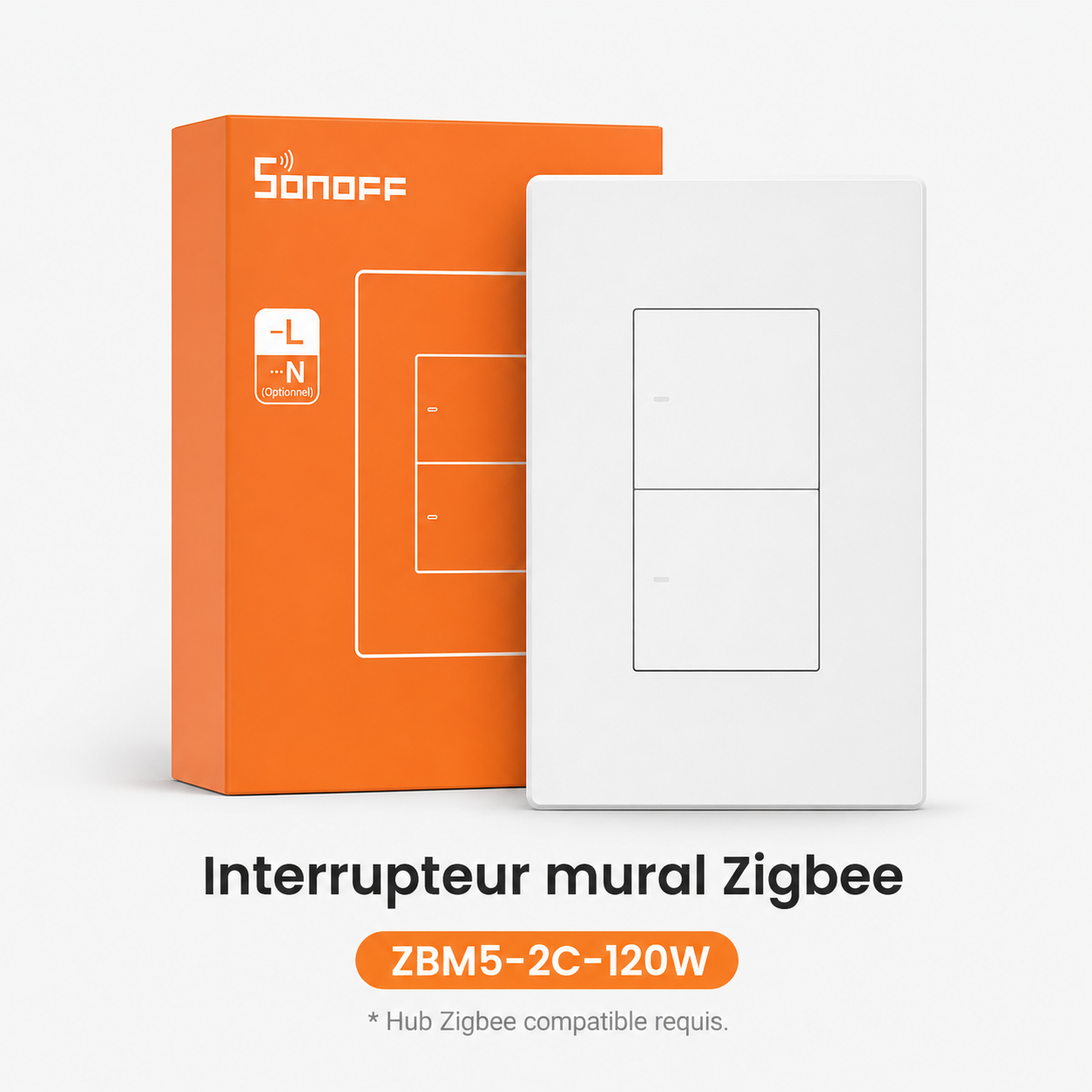 Interrupteur mural Zigbee ZBM5 blanc deux canaux Neodom avec boite orange.