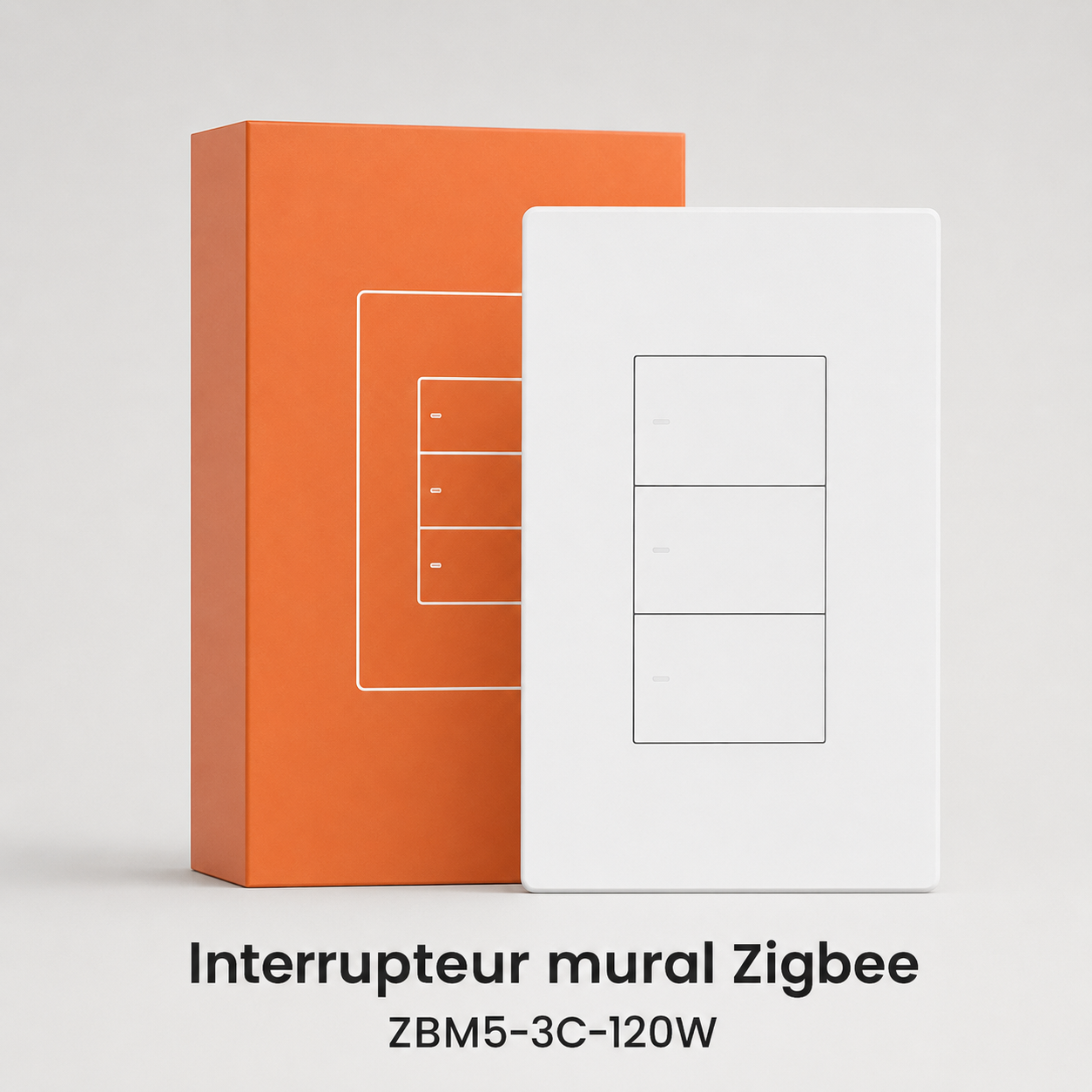 Interrupteur mural Zigbee ZBM5 blanc trois canaux Neodom avec boite orange.