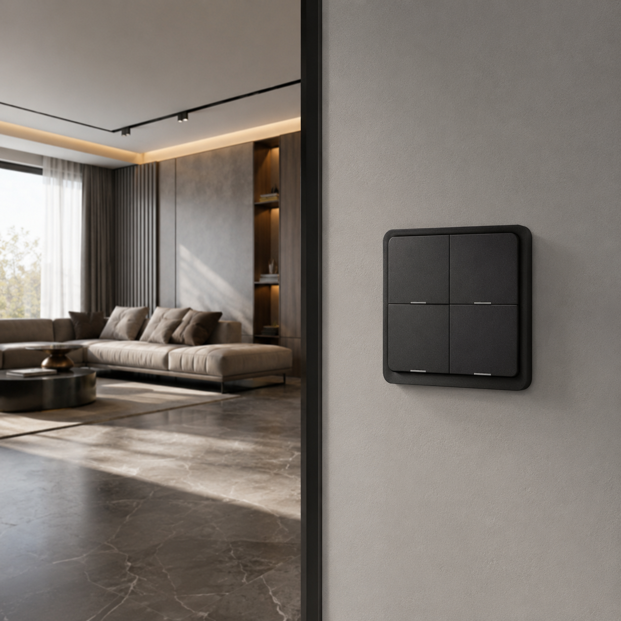 NéoScene 4 Comfort noir installé au mur dans un salon moderne.