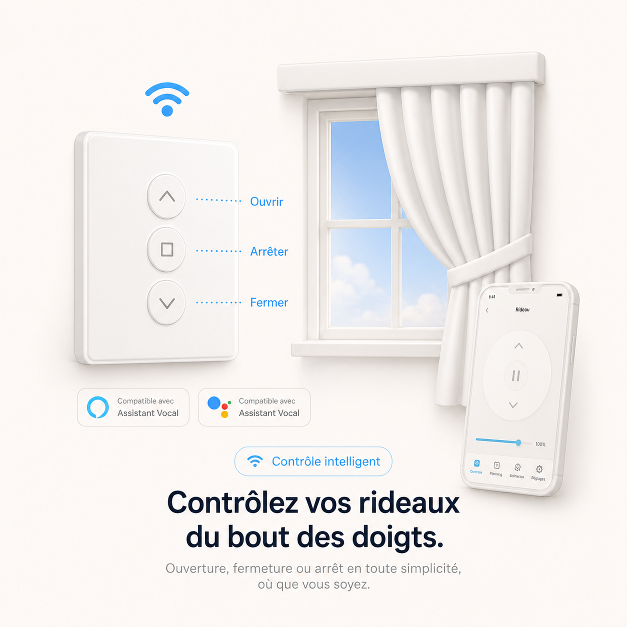 Interrupteur rideau Zigbee, controle tactile et application mobile.