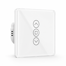 Interrupteur rideau Zigbee, facade blanche avec boutons montee stop descente.