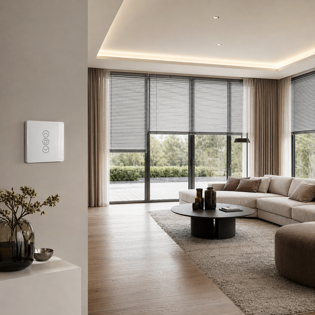 Interrupteur rideau Zigbee installe dans un salon moderne.