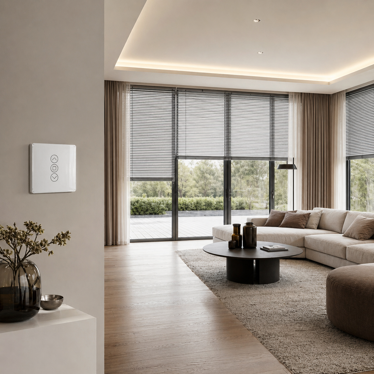 Interrupteur rideau Zigbee installe dans un salon moderne.