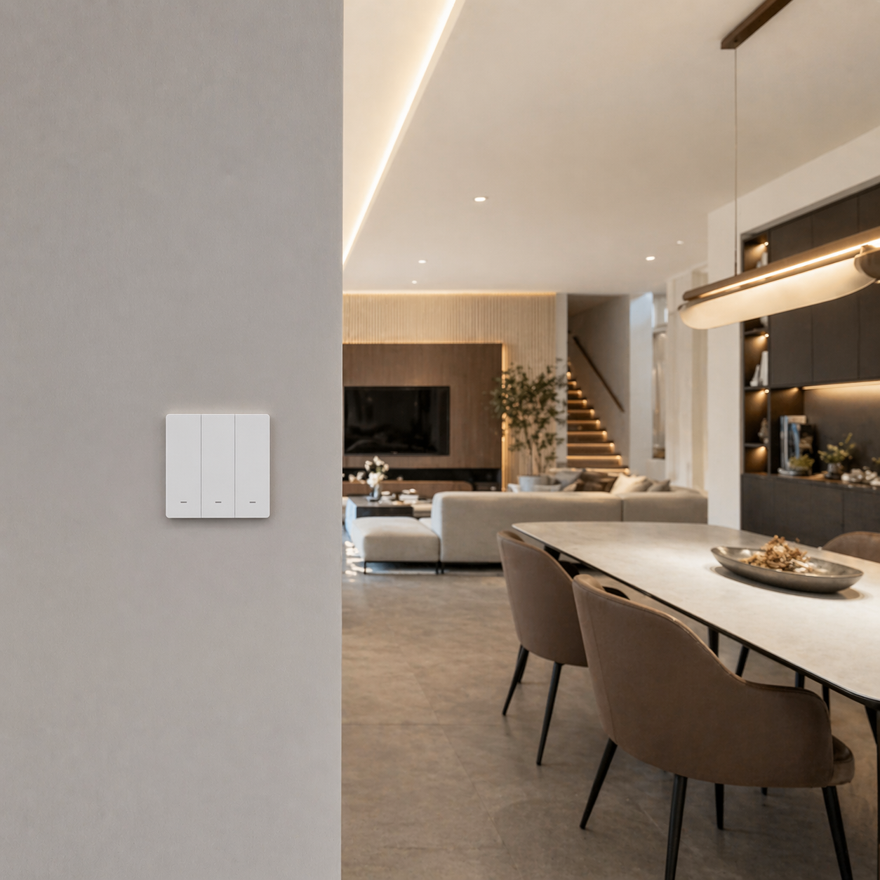 NéoScene 3 Comfort installé au mur dans un salon moderne et lumineux.