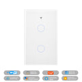 Interrupteur tactile blanc NéoDom WiFi à deux boutons ronds avec compatibilités connectées.