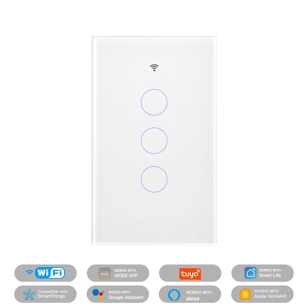 Interrupteur tactile blanc NéoDom WiFi à trois boutons ronds avec compatibilités connectées.