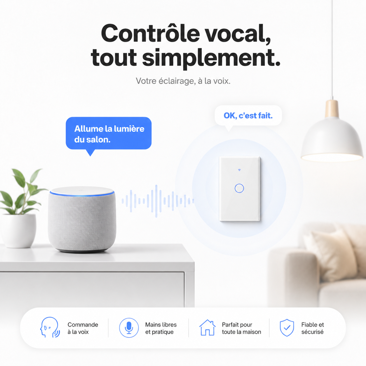 NéoGlass Switch Comfort piloté par commande vocale dans un salon connecté.