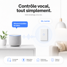 NéoGlass Switch Comfort piloté par commande vocale dans un salon connecté.