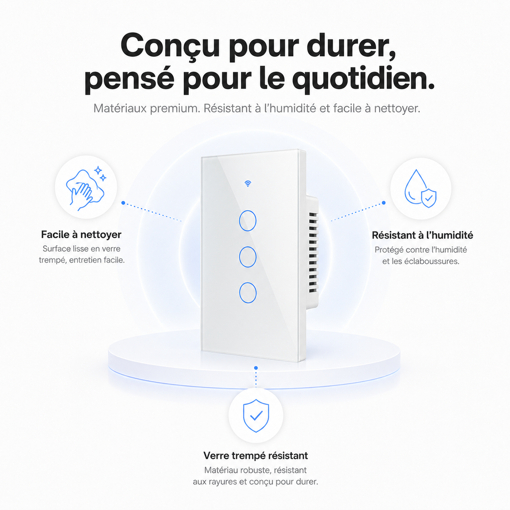 Détail de la façade blanche du NéoGlass Switch Comfort ZigBee.