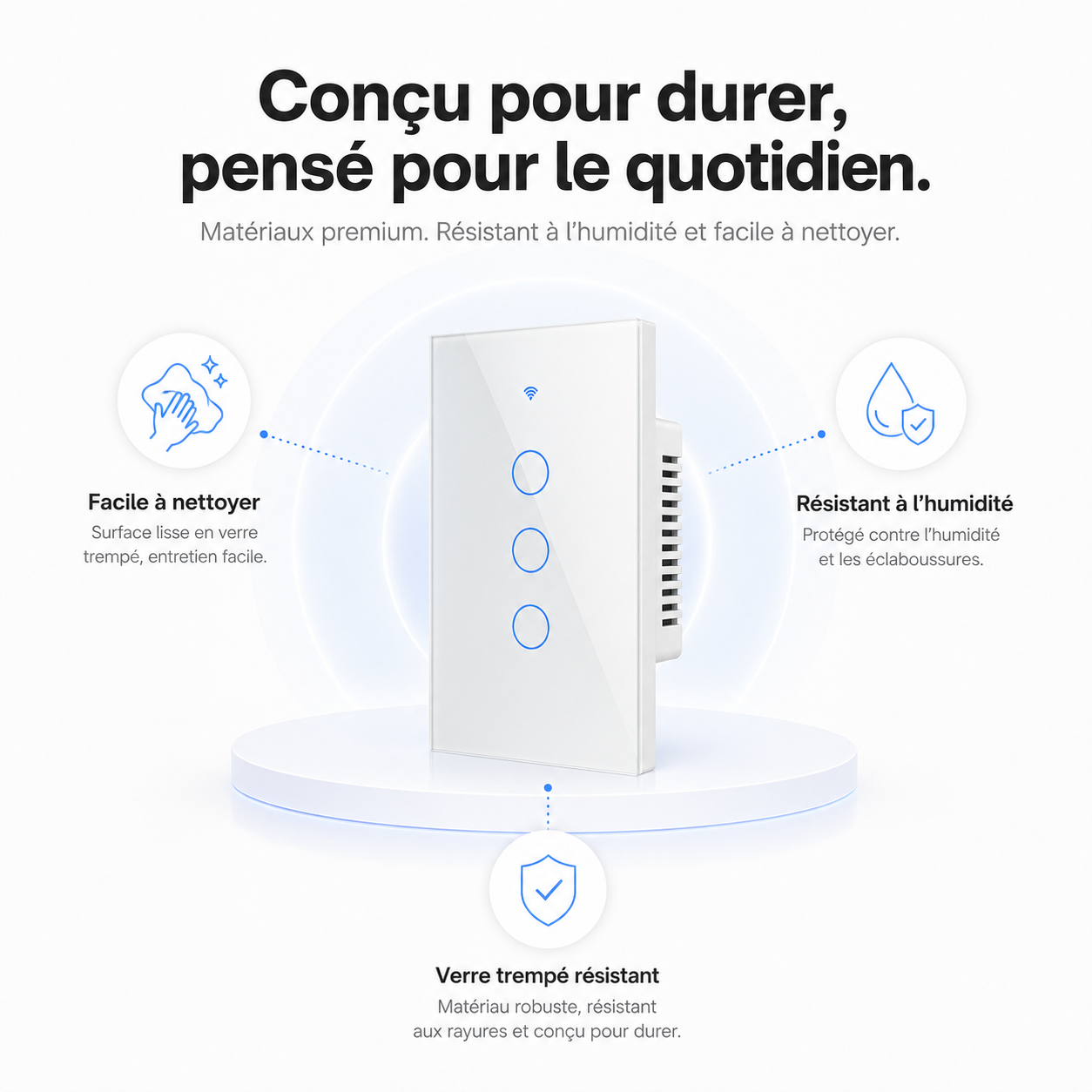 Détail de la façade blanche du NéoGlass Switch Comfort ZigBee.