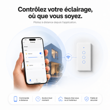 NéoGlass Switch Comfort blanc installé au mur pour éclairage connecté.