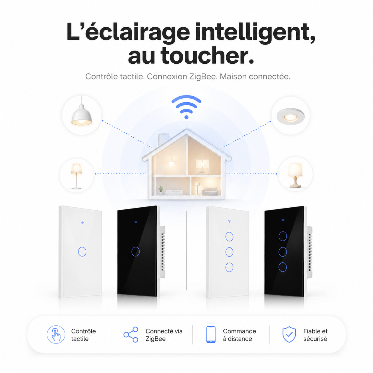 NéoGlass Switch Comfort blanc trois canaux avec commandes tactiles.