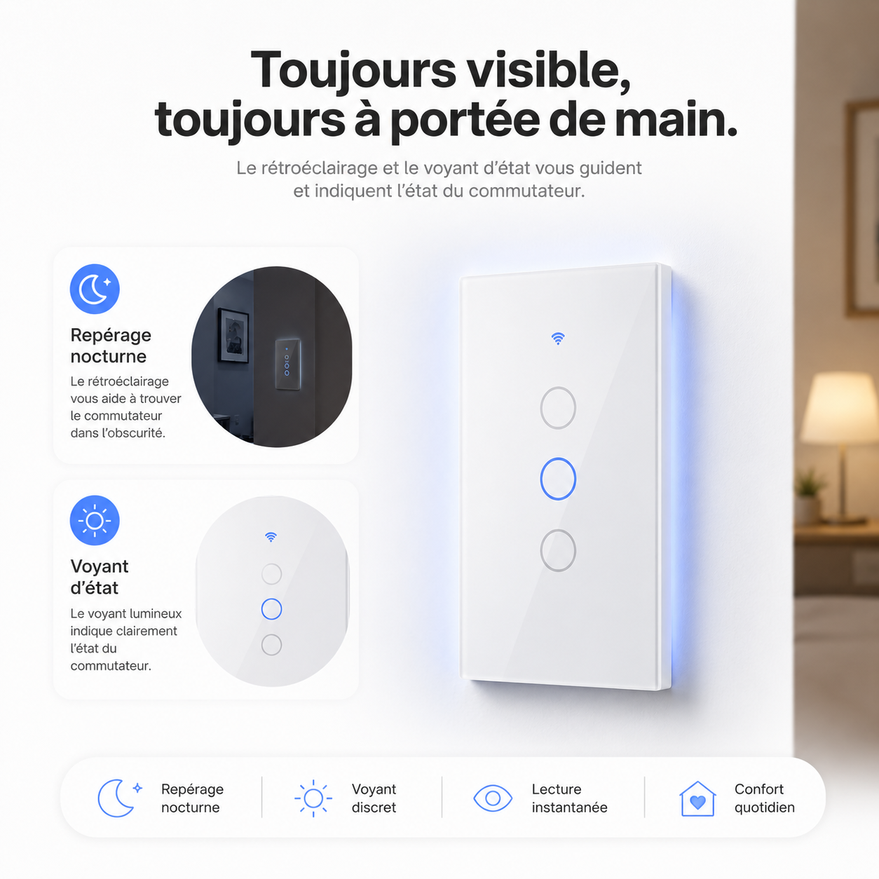 Détail de la finition or du NéoGlass Switch Comfort tactile ZigBee.