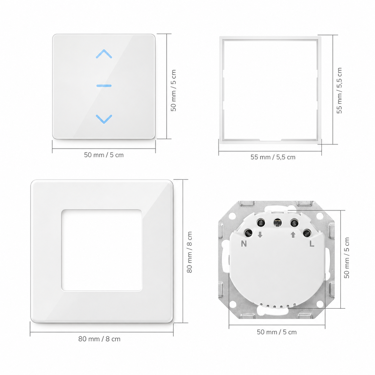 Interrupteur volet connecte, dimensions de la facade et du support.