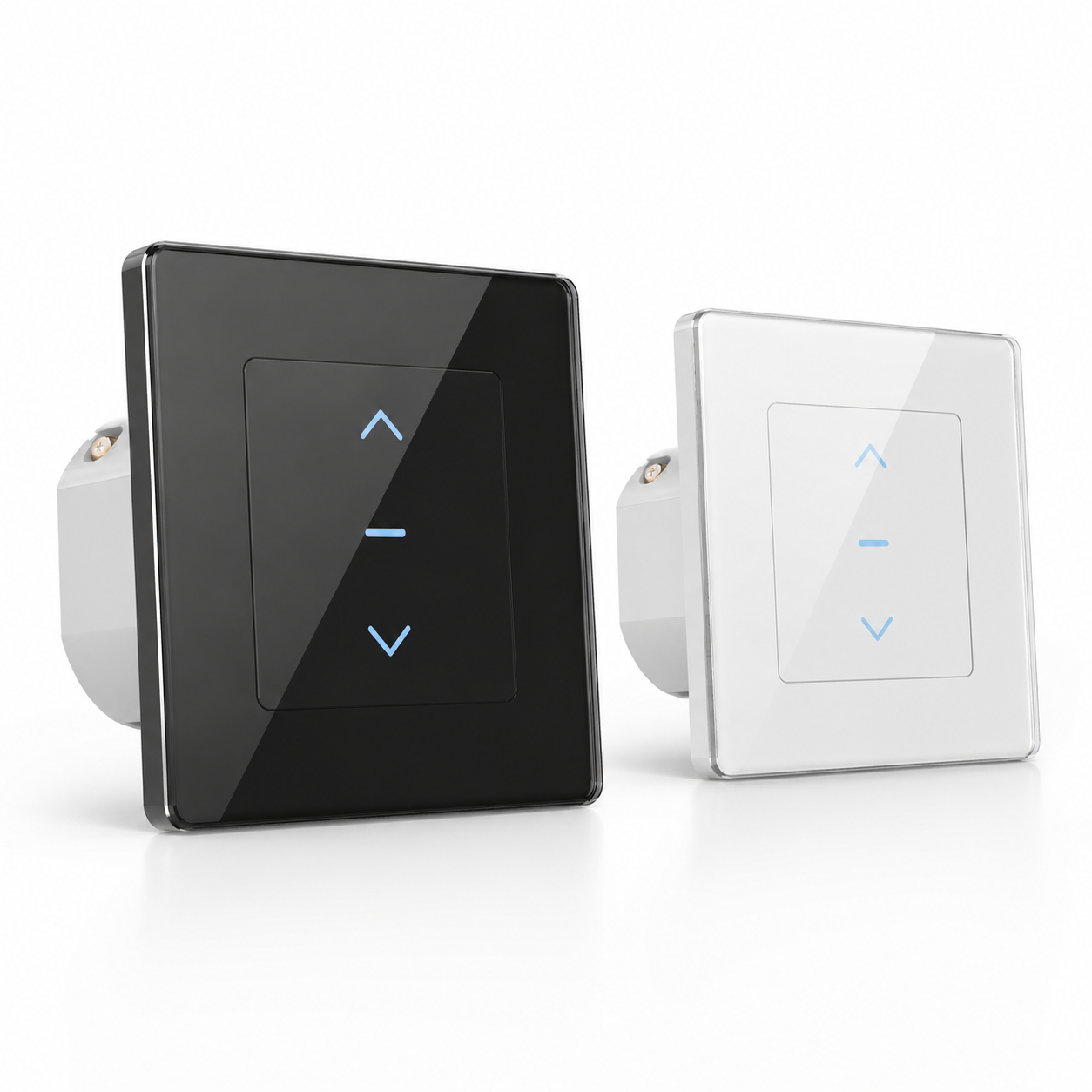 Interrupteur volet connecte disponible en versions noire et blanche.