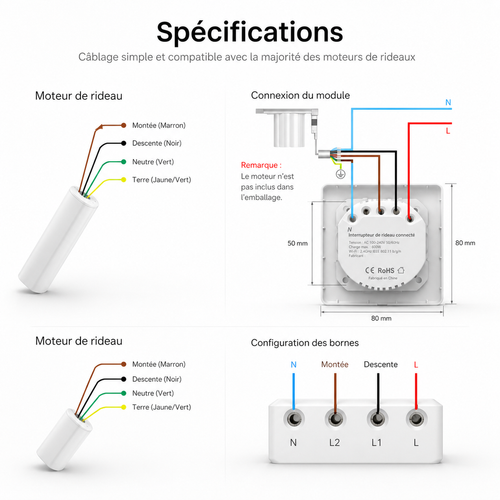 Interrupteur volet connecte, specifications et cablage du moteur.