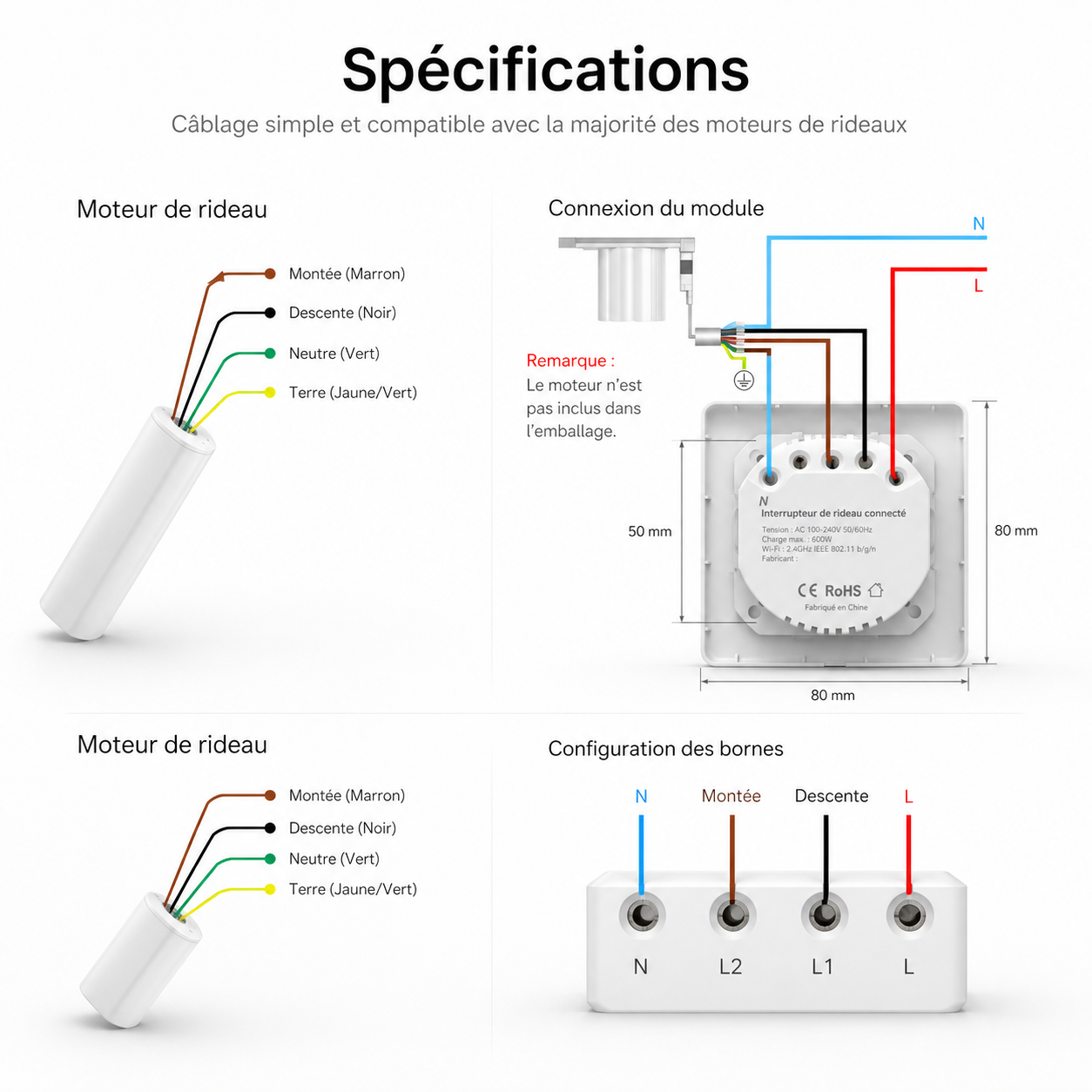Interrupteur volet connecte, specifications et cablage du moteur.