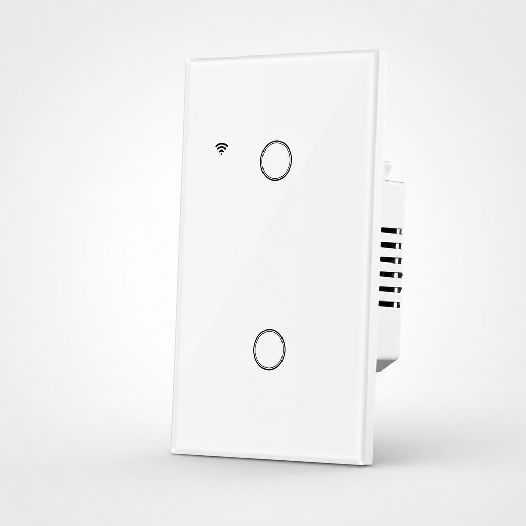 Interrupteur WiFi blanc NéoDom à deux boutons ronds avec module encastré.