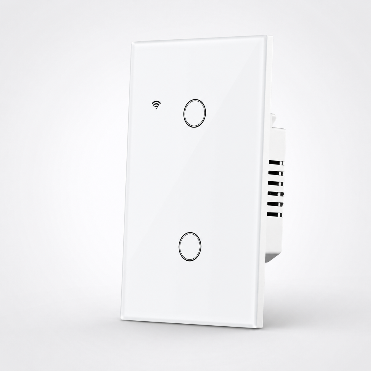 Interrupteur WiFi blanc NéoDom à deux boutons ronds avec module encastré.