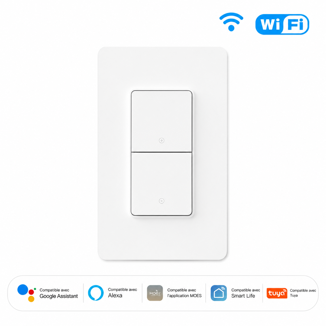 Interrupteur WiFi blanc NéoLink Essential à deux boutons compatible assistants vocaux.