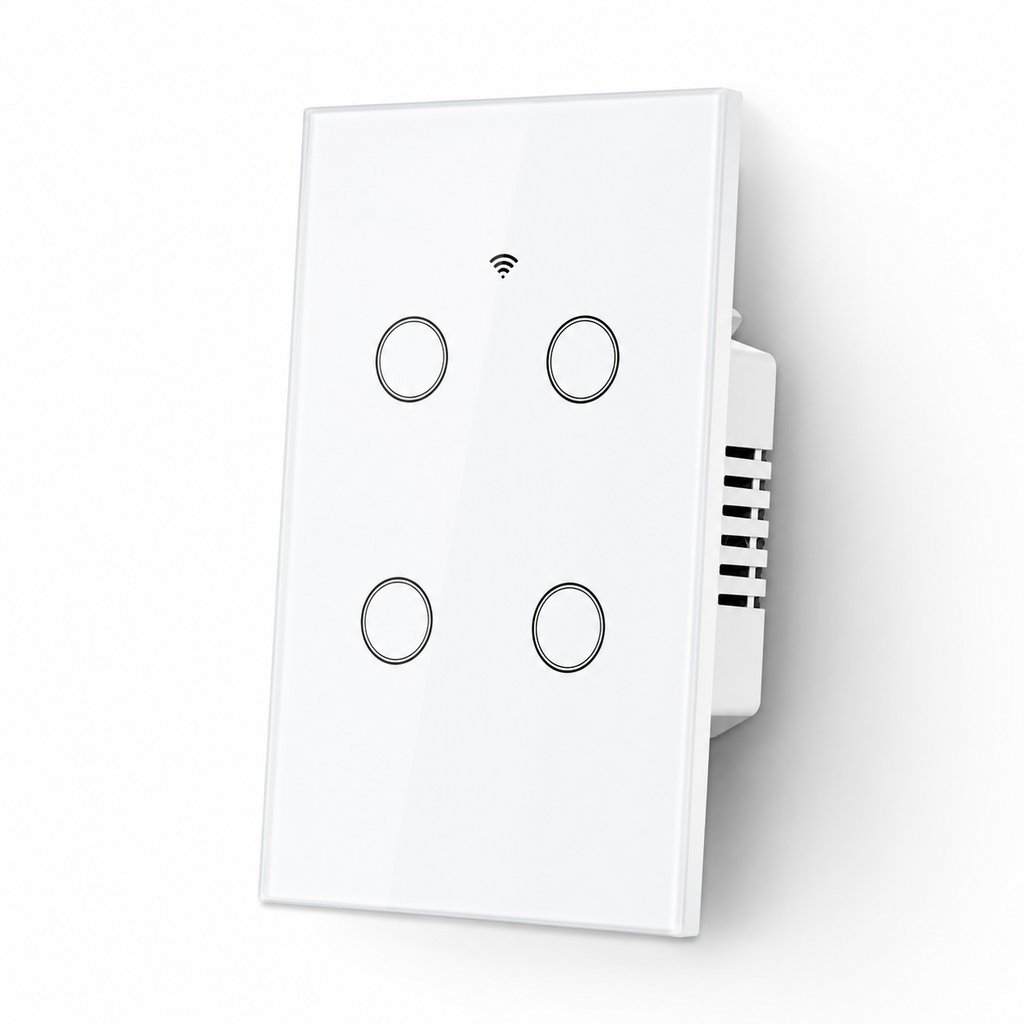 Interrupteur WiFi blanc NéoDom à quatre boutons ronds avec module encastré.