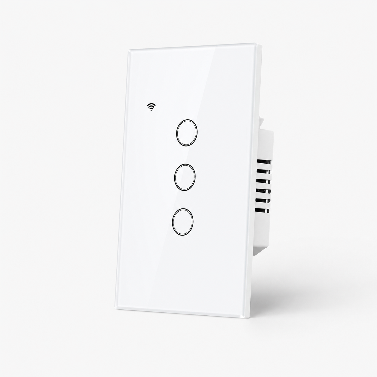 Interrupteur WiFi blanc NéoDom à trois boutons ronds avec module encastré.