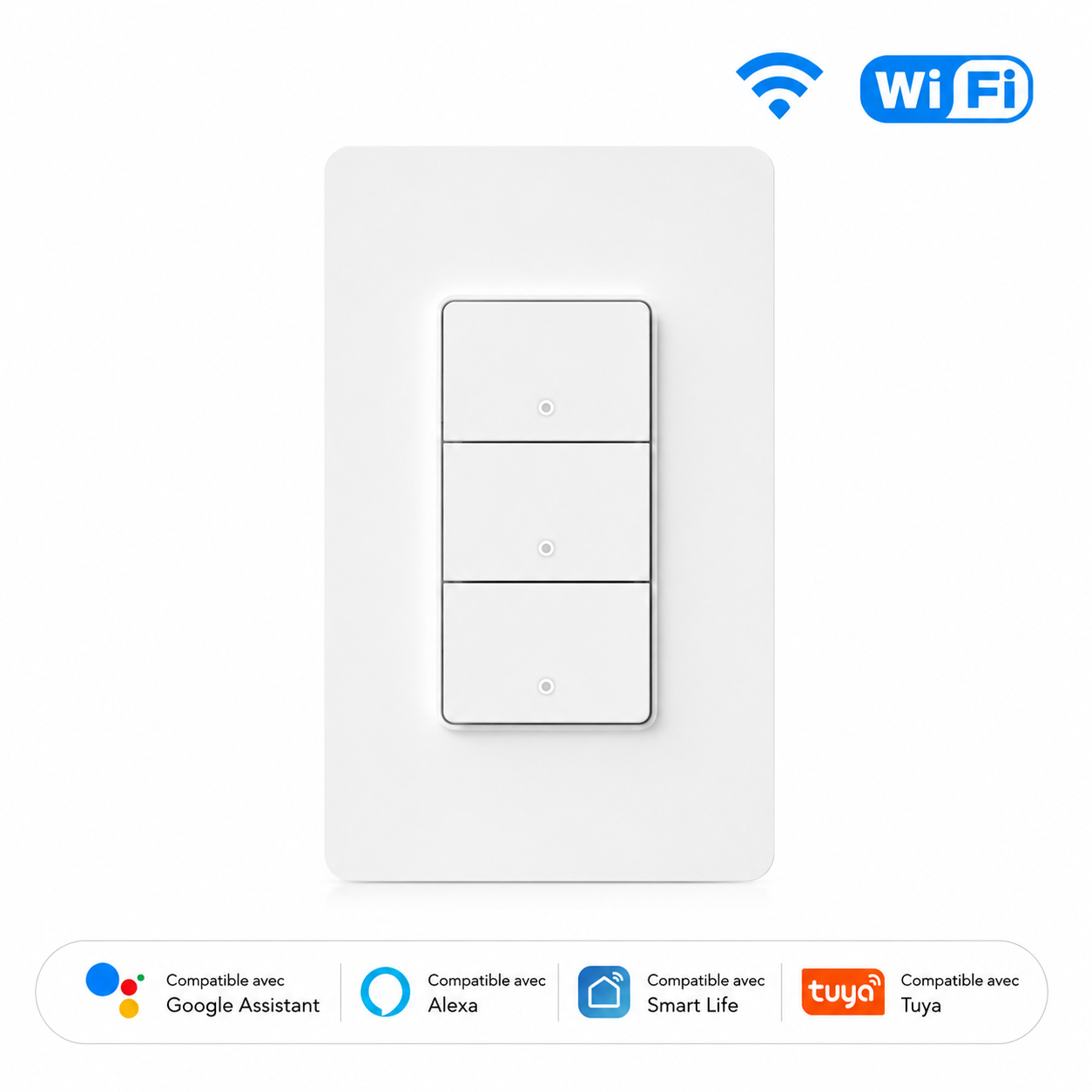 Interrupteur WiFi blanc NéoLink Essential à trois boutons compatible assistants vocaux.