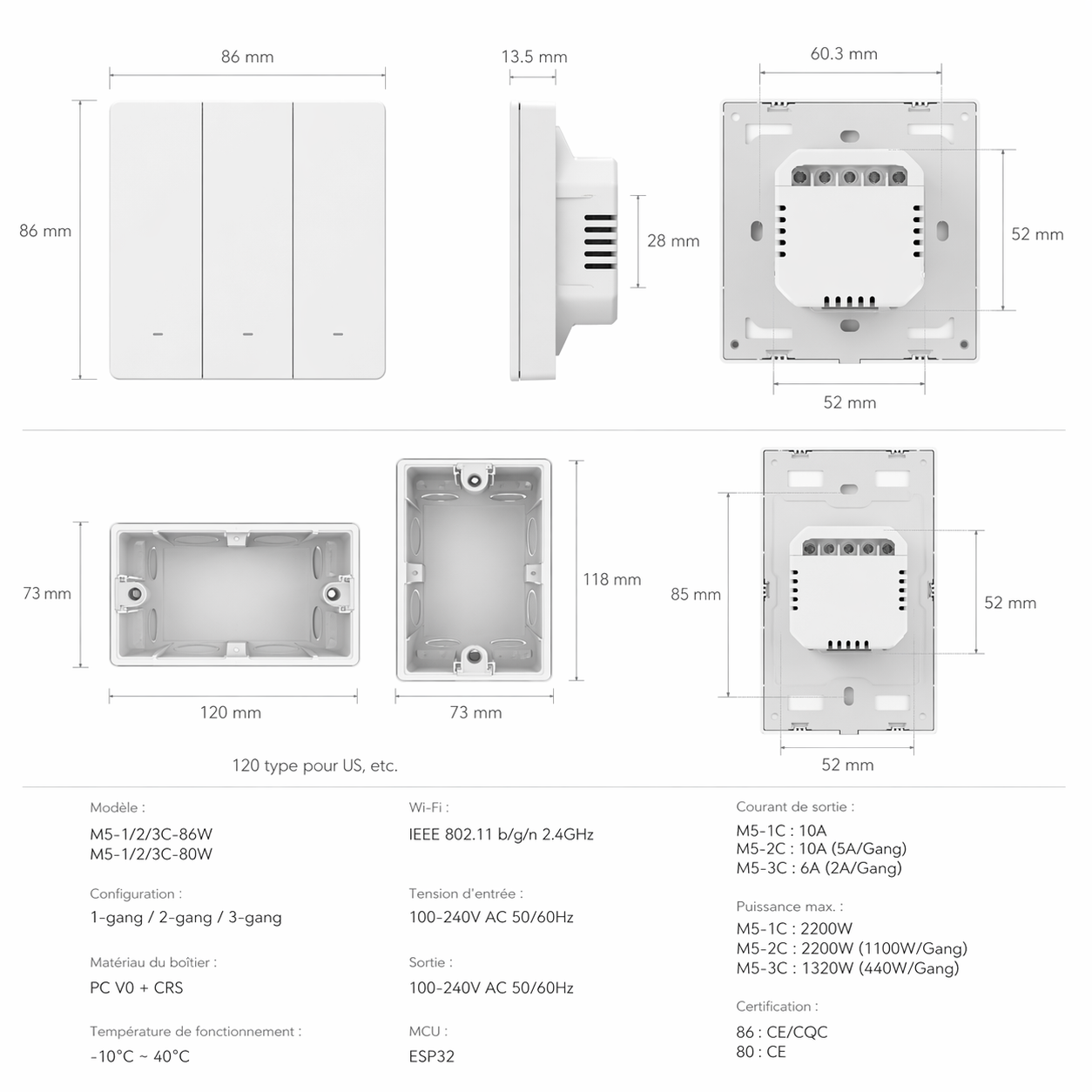 Interrupteur WiFi dimensions et cablage