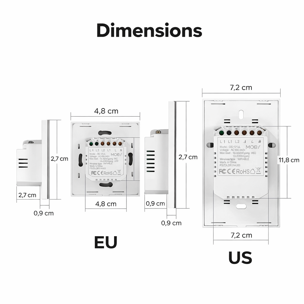 Interrupteur WiFi dimensions EU US