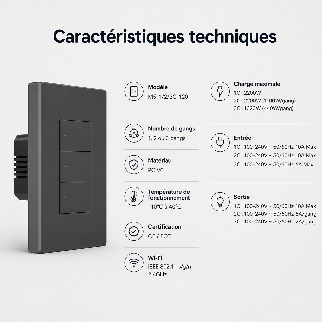 Caracteristiques interrupteur WiFi noir