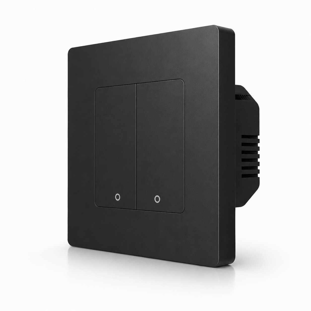Interrupteur WiFi noir NéoDom à deux boutons muraux encastrés.
