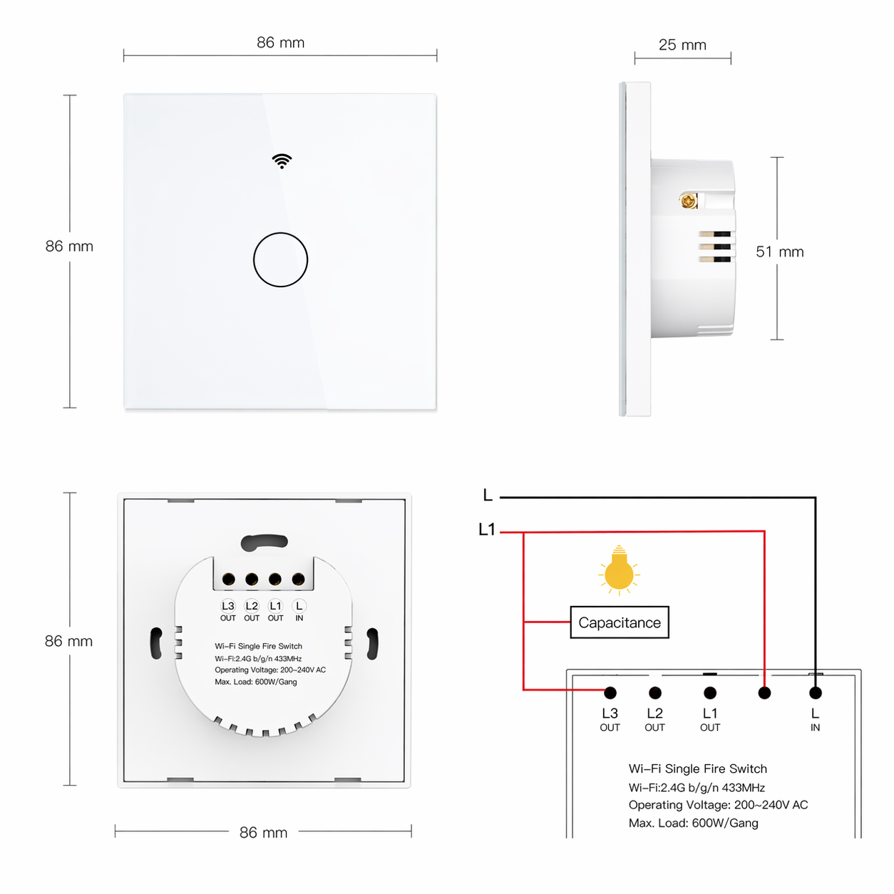 Dimensions interrupteur WiFi blanc
